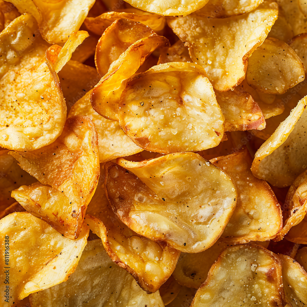 A pile of potato chips on a white background.