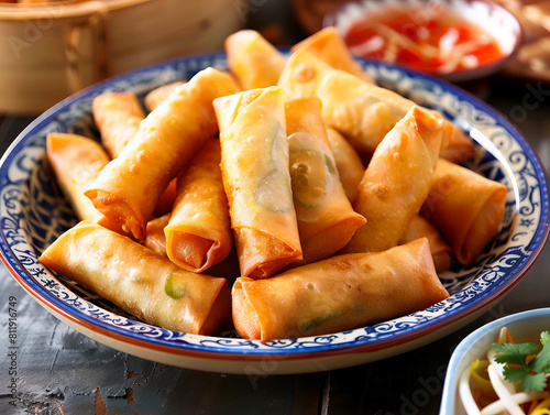 Asian spring rolls in a bowl with sauce. photo