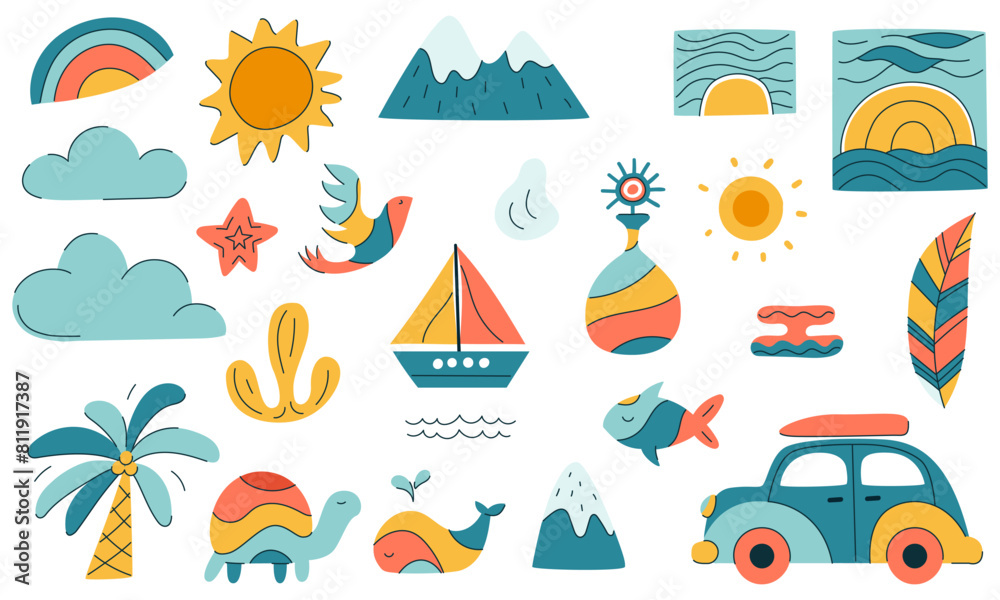 A collection of colorful images and symbols, including a car, a boat, a turtle