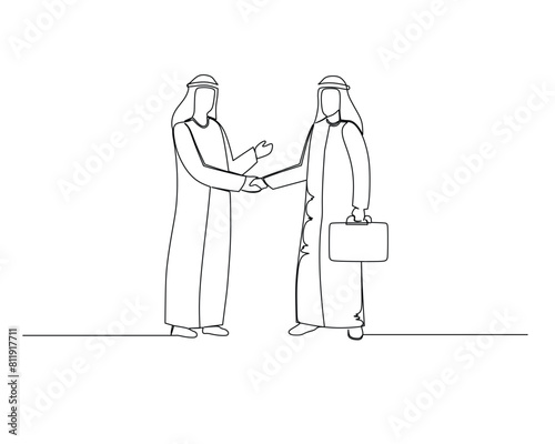 Continuous single one drawing two arab businessmen are shaking hands. vector illustration design for Business growth strategy concept.
