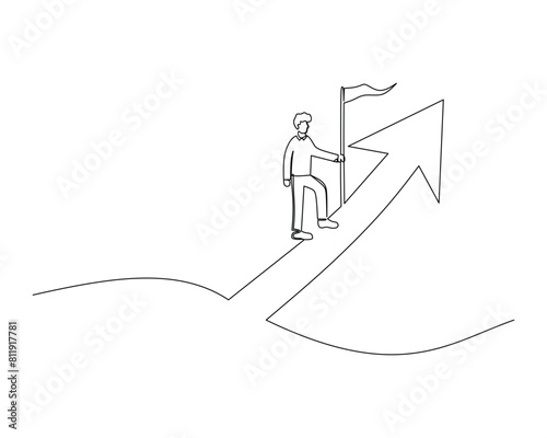 Continuous single one drawing men plant flags in the direction of arrows pointing upwards. vector illustration design for business growth strategy concept.