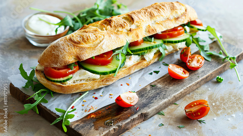 A sandwich with tomatoes, cucumbers and cheese. photo