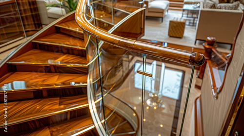 Luxury home detail showing a wood and glass staircase against a backdrop of designer interiors and upscale furnishings