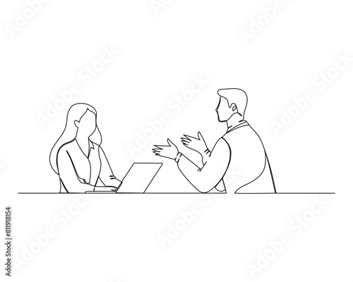 Continuous single one drawing a male worker who is explaining a problem to a female co-worker. vector illustration design for business growth strategy concept.