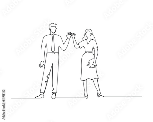 Continuous single one drawing happy male and female workers are waving hands. vector illustration design for business growth strategy concept.