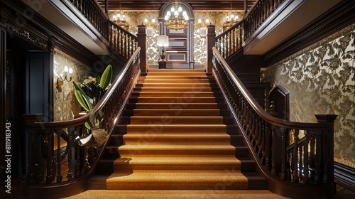 Luxury home foyer with marigold carpeted stairs flanked by dark oak railings and a traditional patterned wallpaper Soft lighting from an antique chandelier adds a warm ambiance
