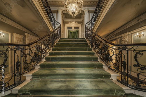Luxury mansion foyer with sage green carpeted stairs featuring vintage iron railings and a plush velvet runner Overhead a traditional chandelier adds a classic touch