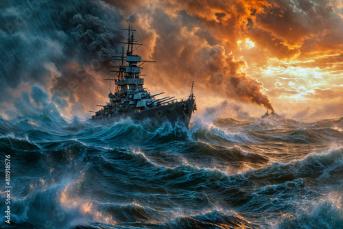 Dramatic Ocean Battle at Sunset: Navy Battleship Fighting Against Stormy Seas photo
