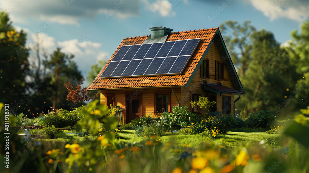 A small house with solar panels on the roof. A small house with solar panels on the roof.