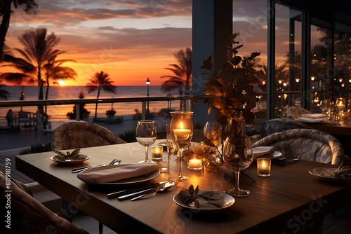 Table set for dinner in a restaurant terrace with sunset evening view