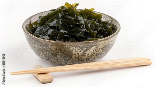 An ensemble of dry wakame seaweed shown with an array of chopsticks and sesame seeds over a basic white setting lovely leafy hue and space, Generative AI.