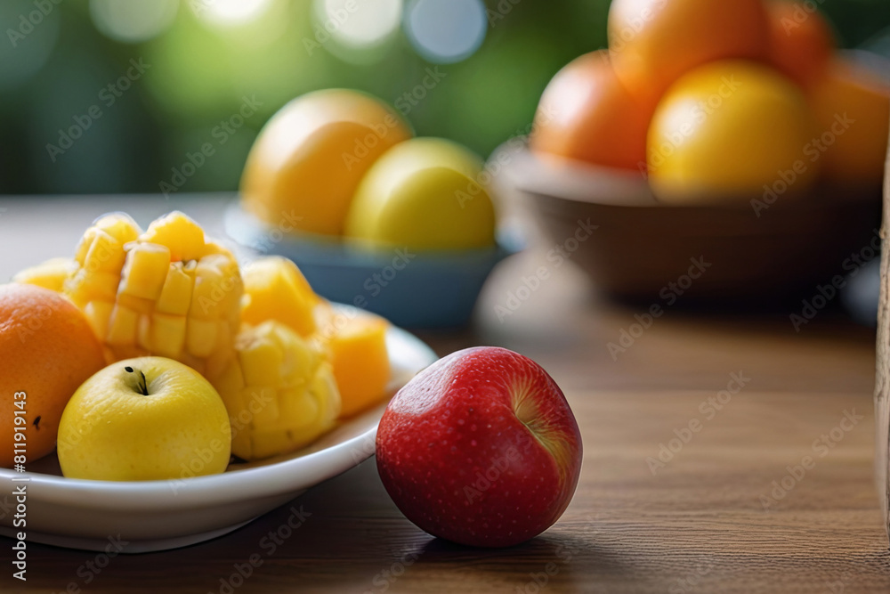 Fresh fruit on a table with a blurred background. Perfect for celebrating Vegetarian Day and promoting healthy eating Fresh fruit on a table with a blurred background. Perfect for celebrating Vegetarian Day and promoting healthy eating