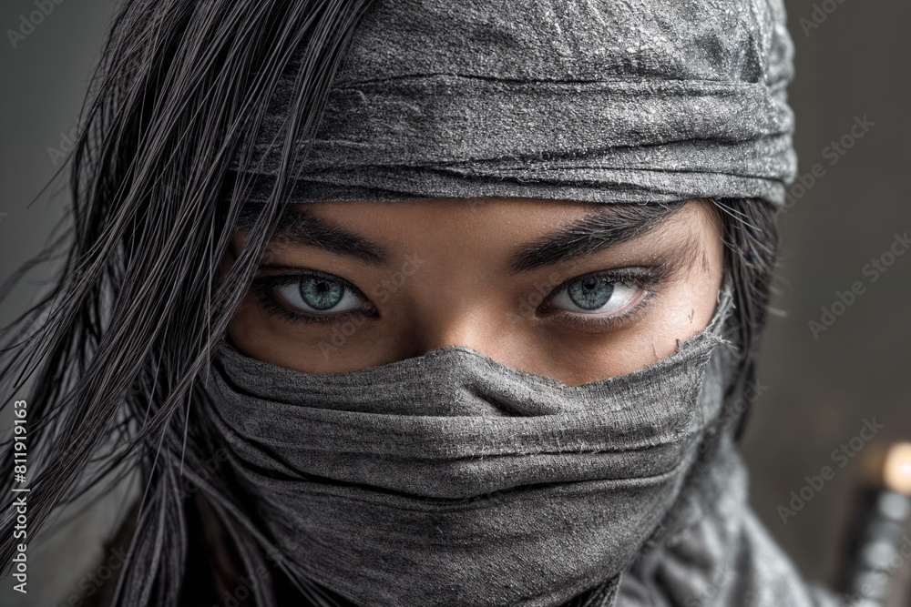 Intense Portrait of Young Woman in Dark Veil, Symbolizing Mystery and Empowerment, Close-Up with Dramatic Lighting Intense Portrait of Young Woman in Dark Veil, Symbolizing Mystery and Empowerment, Close-Up with Dramatic Lighting