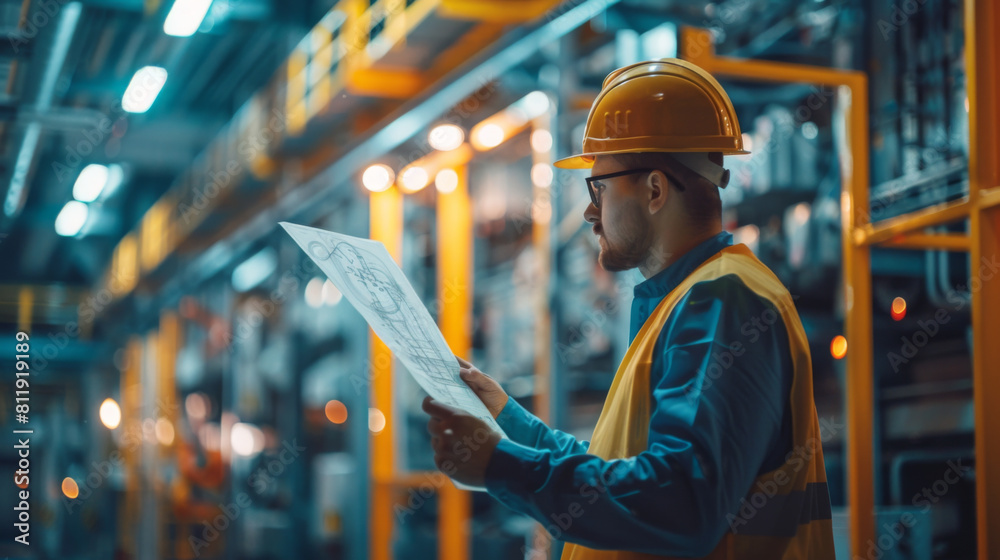 Focused engineer wearing a hard hat reviews technical drawings amidst bustling factory background. Focused engineer wearing a hard hat reviews technical drawings amidst bustling factory background.