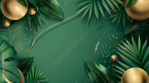Luxury green summer background and wallpaper vector with golden metallic decorate wall art