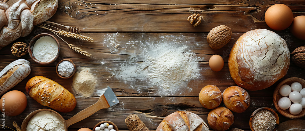 Bread, eggs, flour and other items on a wooden table. Bread, eggs, flour and other items on a wooden table.