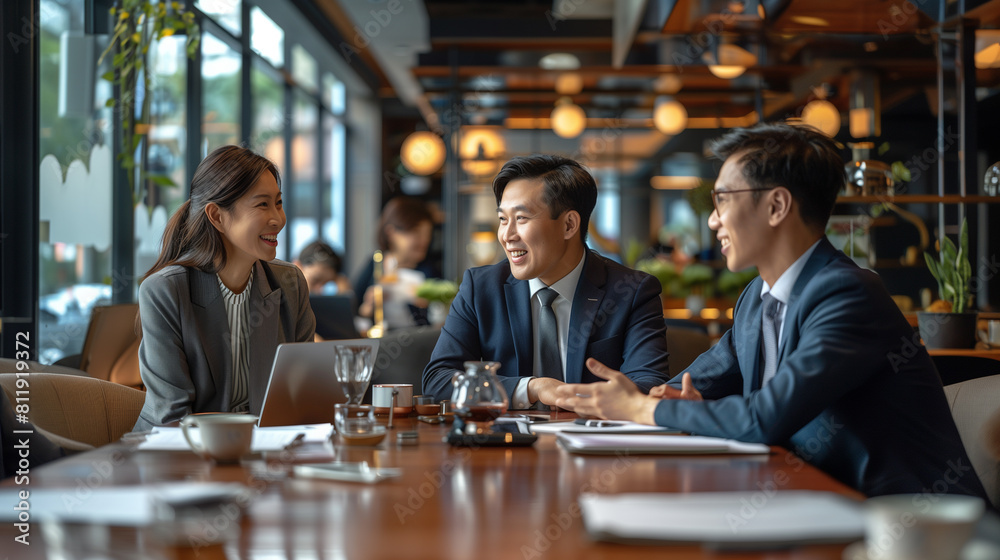 Asian business professionals laughing and engaging in a lively discussion at a modern café, with laptops and documents Asian business professionals laughing and engaging in a lively discussion at a modern café, with laptops and documents