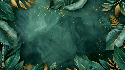 Luxury green summer background and wallpaper vector with golden metallic decorate wall art photo
