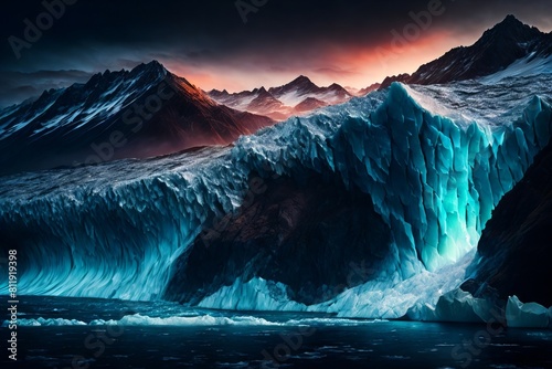 wallpaper of a shrinking glaciers, with rocky moraines as the background, during accelerated glacial melt. photo