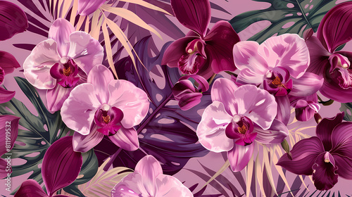 Luxury Orchid wallpaper design vector. Tropical pattern design,Blossom floral, Blooming realistic isolated flowers. Hand drawn. Vector illustration. --ar 16:9