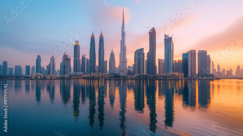 Stunning view of Dubai s skyline reflected in the calm waters at sunrise  showcasing iconic skyscrapers under a colorful sky