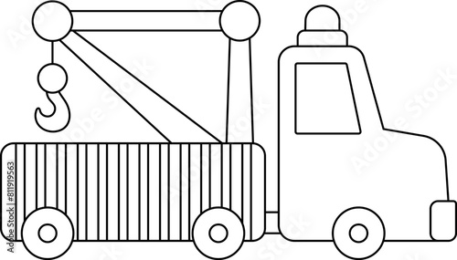 Vector black and white tow truck. Construction site, road work line icon. Building transportation clipart. Cute special transport, repair service illustration. Evacuator coloring page vehicle for kid