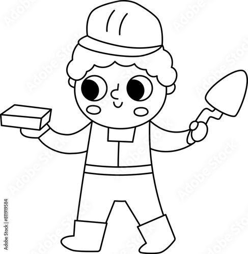 Vector black and white cartoon builder with brick and spatula. Cute line repairmen illustration or coloring page for kids. Funny worker in helmet laying bricks. Profession icon for children.