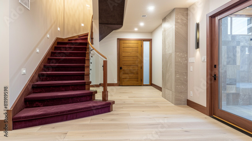 Modern entrance with a burgundy staircase cedar wooden door and light limestone-colored hardwood floors