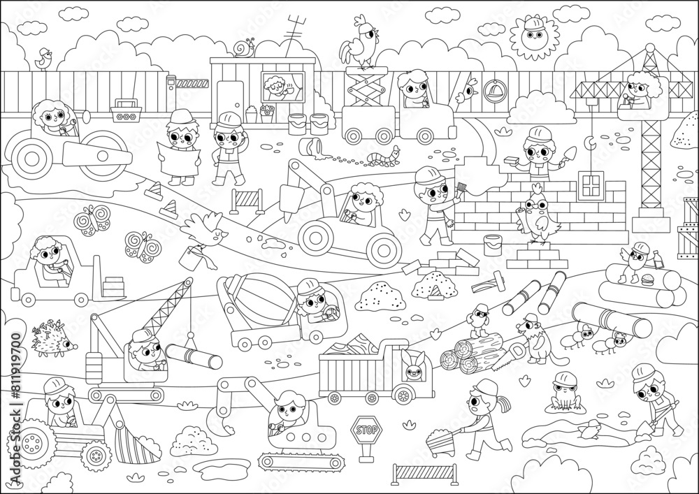 Vector black and white construction site, road work landscape illustration, coloring page. Building line scene with kid builders, transport, bulldozer, tractor, truck. Cute repair service background. Vector black and white construction site, road work landscape illustration, coloring page. Building line scene with kid builders, transport, bulldozer, tractor, truck. Cute repair service background.