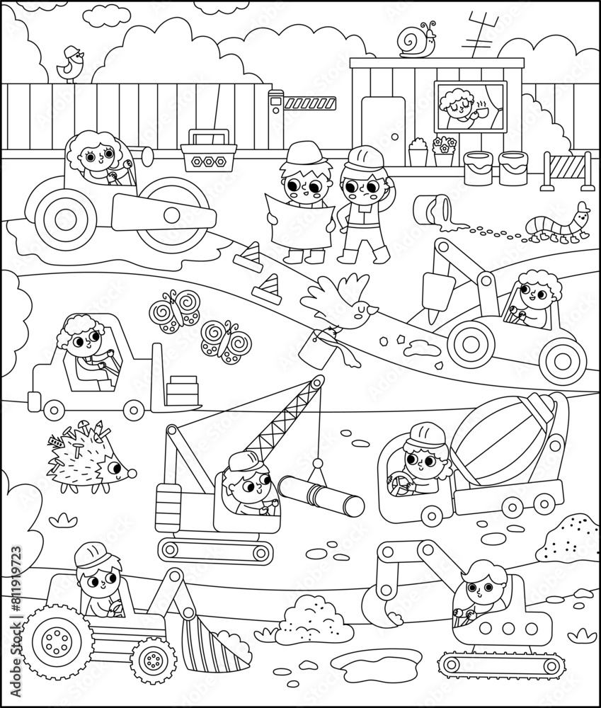 Naklejka premium Vector black and white construction site landscape illustration. Line scene with kid drivers in tractor, truck, crane repairing track. Repair service, road work background, coloring page with vehicle