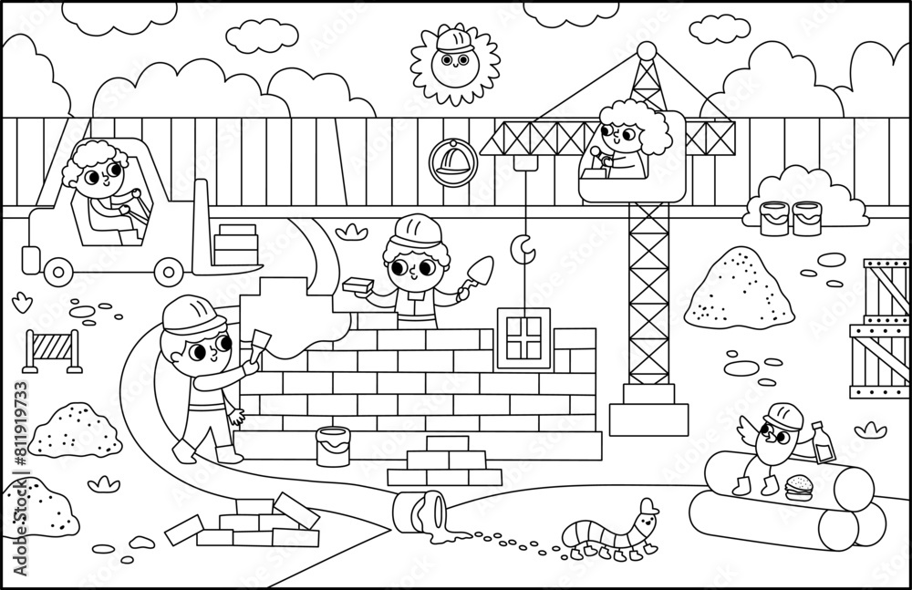 Vector black and white construction site landscape illustration. Line scene with kid workers building a brick house. Horizontal background, coloring page with funny builders, lifting crane, vehicles.