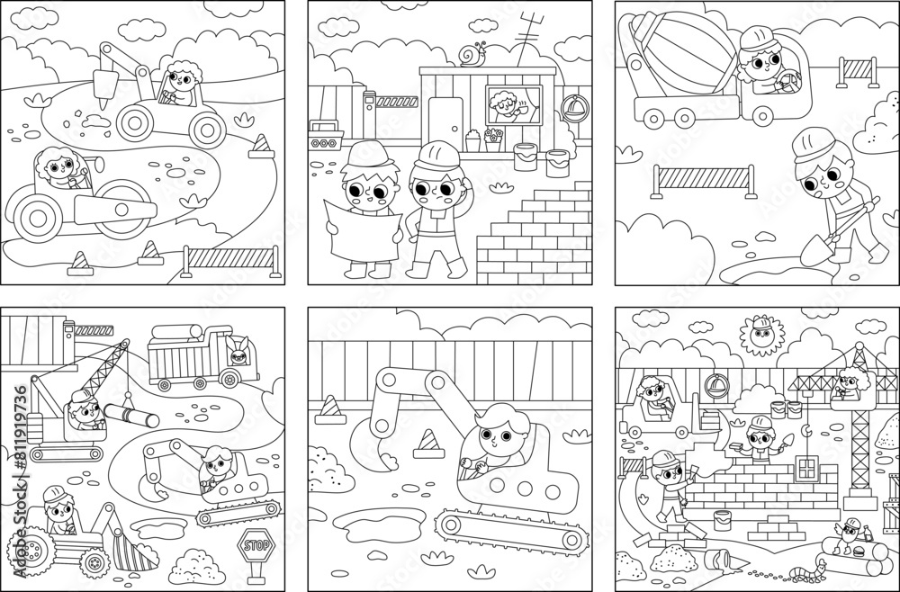 Vector black and white construction site landscape illustrations set. Line scenes collection with kid workers, vehicles, road works, building a brick house. Square backgrounds or coloring page.