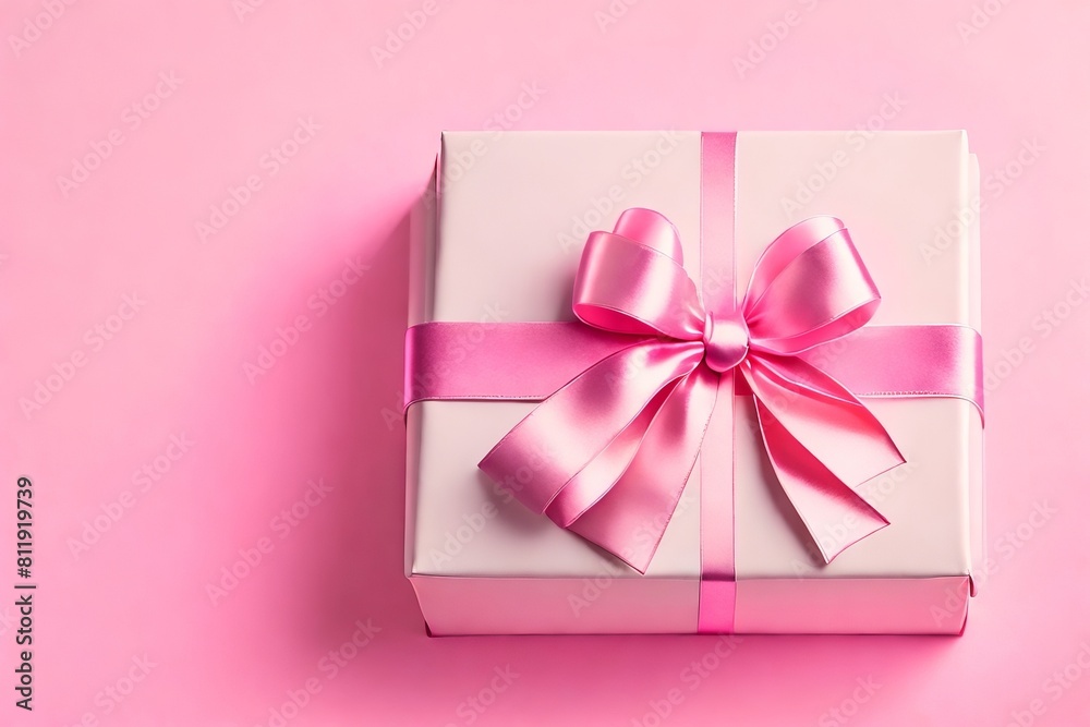 Mother's Day concept. Top view photo of stylish pink giftbox with ribbon bow and bouquet of tulips on isolated pastel pink background with copyspace. Mother's Day concept. Top view photo of stylish pink giftbox with ribbon bow and bouquet of tulips on isolated pastel pink background with copyspace.