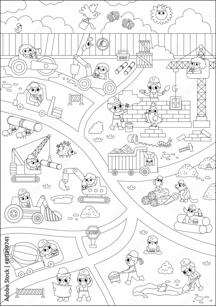 Vector black and white construction site and road work vertical landscape illustration. Building scene with funny kid builders, transport, crane. Line repair service map background, coloring page.