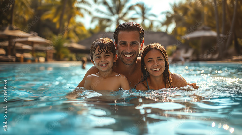 Joyful family enjoying a sunny day in a pool, with a tropical resort background, showcasing happy moments together Joyful family enjoying a sunny day in a pool, with a tropical resort background, showcasing happy moments together