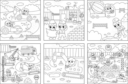 Vector black and white construction site landscape illustrations set. Line scenes collection with kid workers  vehicles  road works  building a brick house. Square backgrounds or coloring page.