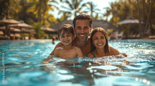 Joyful family enjoying a sunny day in a pool, with a tropical resort background, showcasing happy moments together