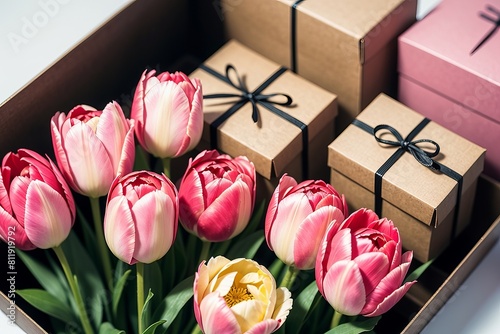 Mother's Day concept. Top view photo of stylish pink giftbox with ribbon bow and bouquet of tulips on isolated pastel pink background with copyspace. photo