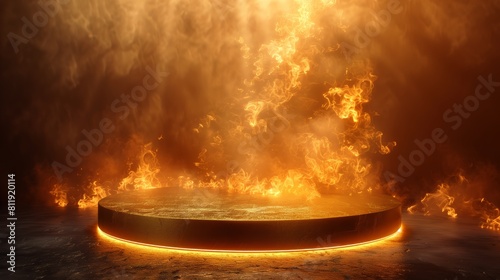 Dramatic Golden Podium with Fiery Smoke Effects for High-Impact Product Display