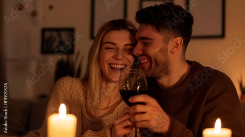 A man and a woman in their late thirties sharing a glass of wine