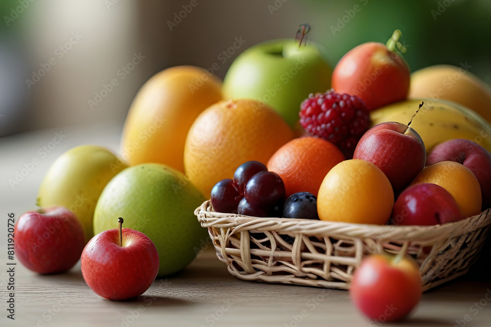 Fresh fruit on a table with a blurred background. Perfect for celebrating Vegetarian Day and promoting healthy eating Fresh fruit on a table with a blurred background. Perfect for celebrating Vegetarian Day and promoting healthy eating