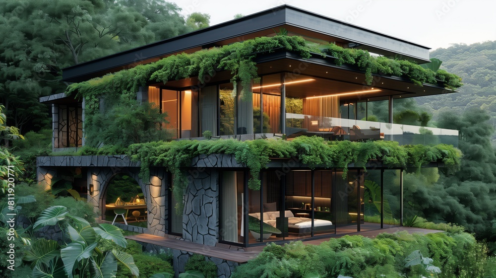 A house with a remarkable amount of greenery covering its roof, seamlessly blending into the surrounding nature A house with a remarkable amount of greenery covering its roof, seamlessly blending into the surrounding nature