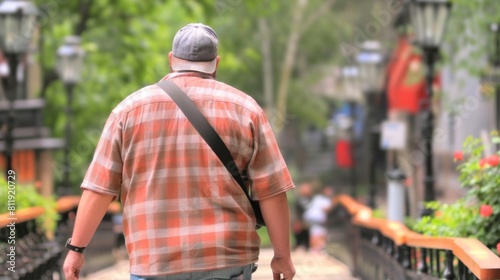Photo of an overweight man in his late thirties walking down a street while carrying a bag