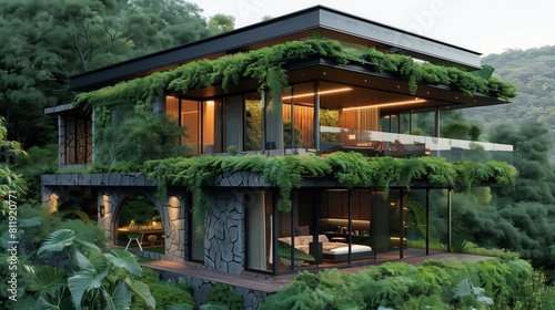 A house with a remarkable amount of greenery covering its roof  seamlessly blending into the surrounding nature