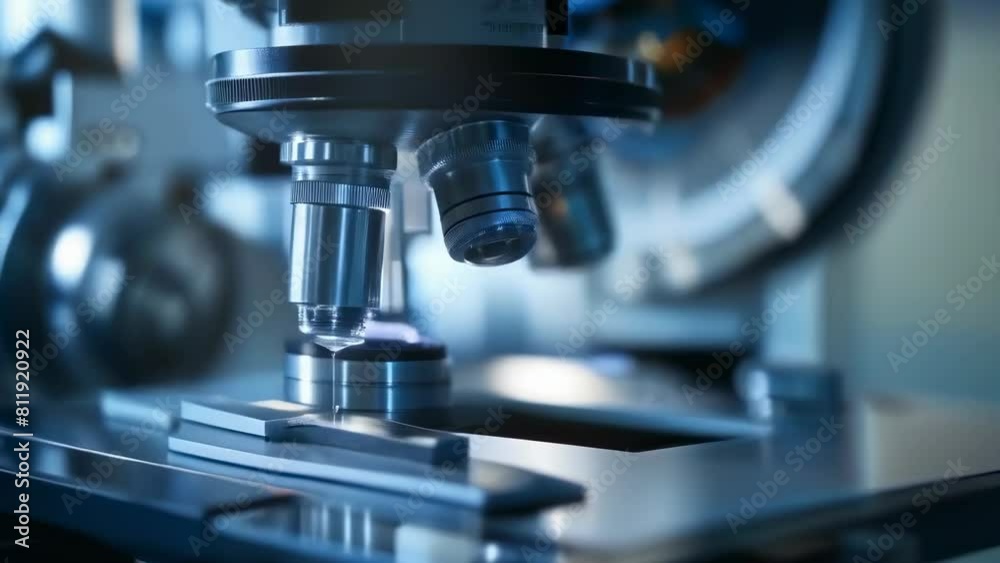 Microscope's lenses shift meticulously, zooming in to reveal unseen details with precision. The stage adjusts subtly, positioning the sample for optimal clarity, while lights flicker and intensify