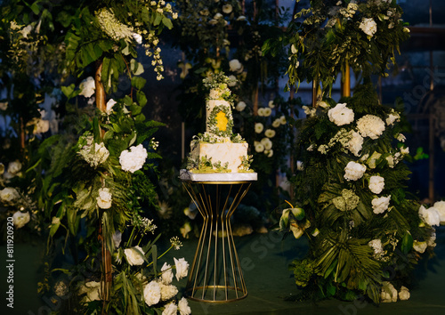 an Elegant tiered wedding cake illuminated with romantic lights, set against a floral outdoor backdrop