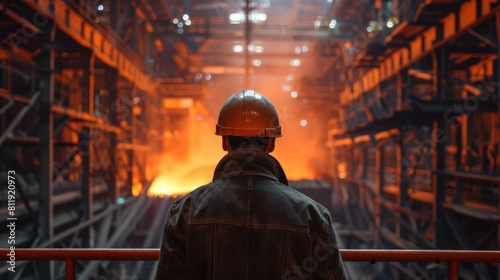 A steelworker looks out over a molten steel furnace.