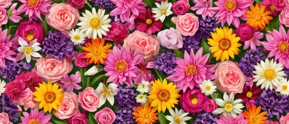 Illustration of vibrant spring flowers arranged on a flat background