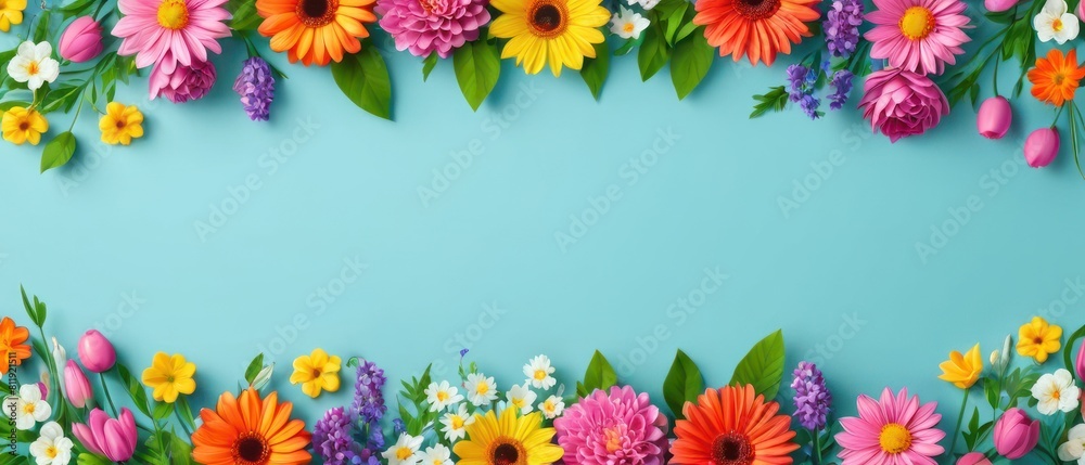 Illustration of vibrant spring flowers arranged on a flat background Illustration of vibrant spring flowers arranged on a flat background