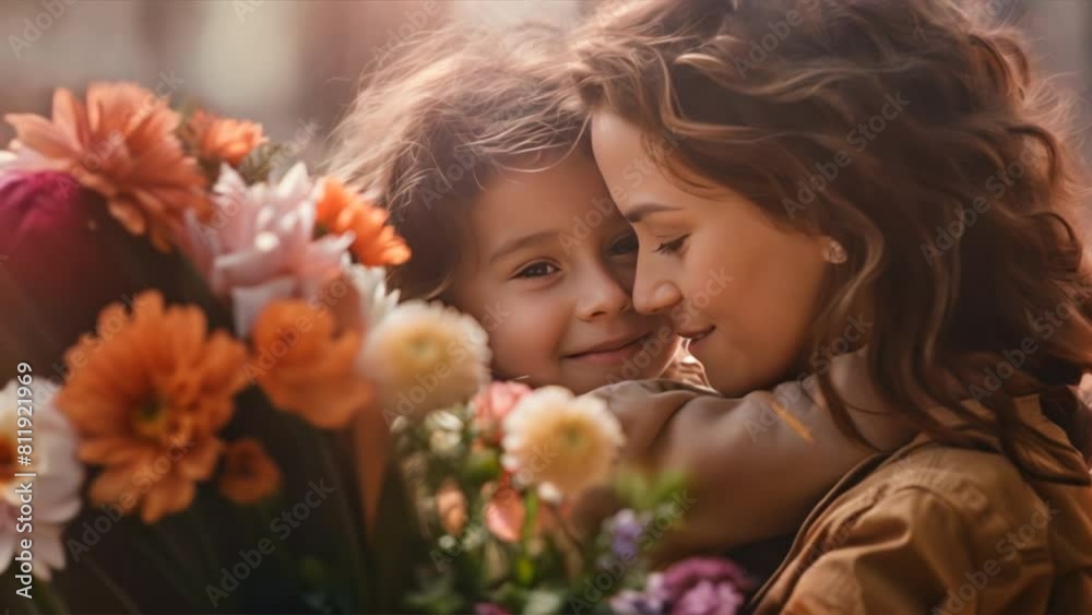 A smiling child with blond hair holds a bouquet of flowers in a sunny garden A smiling child with blond hair holds a bouquet of flowers in a sunny garden